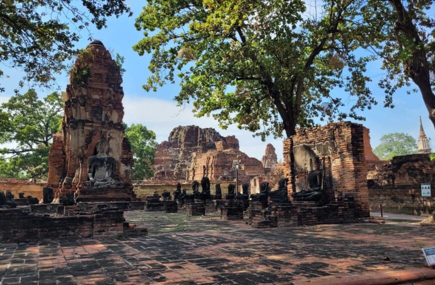 Na zdjęciu widoczne są ruiny świątyni Wat Maha That w Ayutthayi: pozostałości podstawy wysokiego prangu z pomarańczowego kamienia, przed którą siedzi kamienny Budda. Obok ustawiono mniejsze posągi, które są zniszczone. Z prawej strony rośnie drzewo, a w tle widać pozostałości innych elementów świątyni.