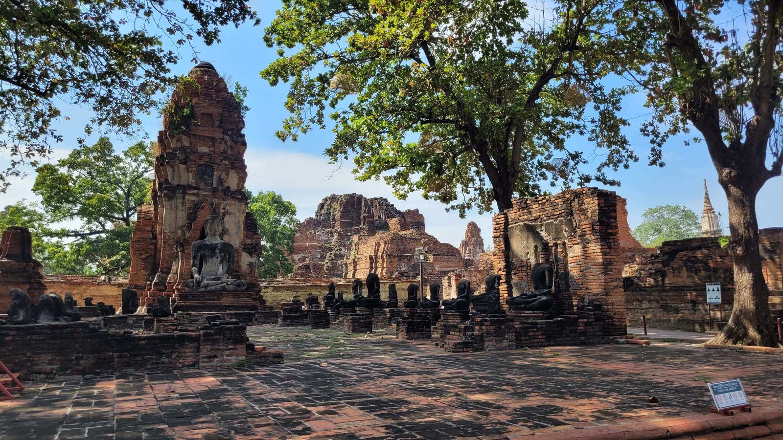 Na zdjęciu widoczne są ruiny świątyni Wat Maha That w Ayutthayi: pozostałości podstawy wysokiego prangu z pomarańczowego kamienia, przed którą siedzi kamienny Budda. Obok ustawiono mniejsze posągi, które są zniszczone. Z prawej strony rośnie drzewo, a w tle widać pozostałości innych elementów świątyni.